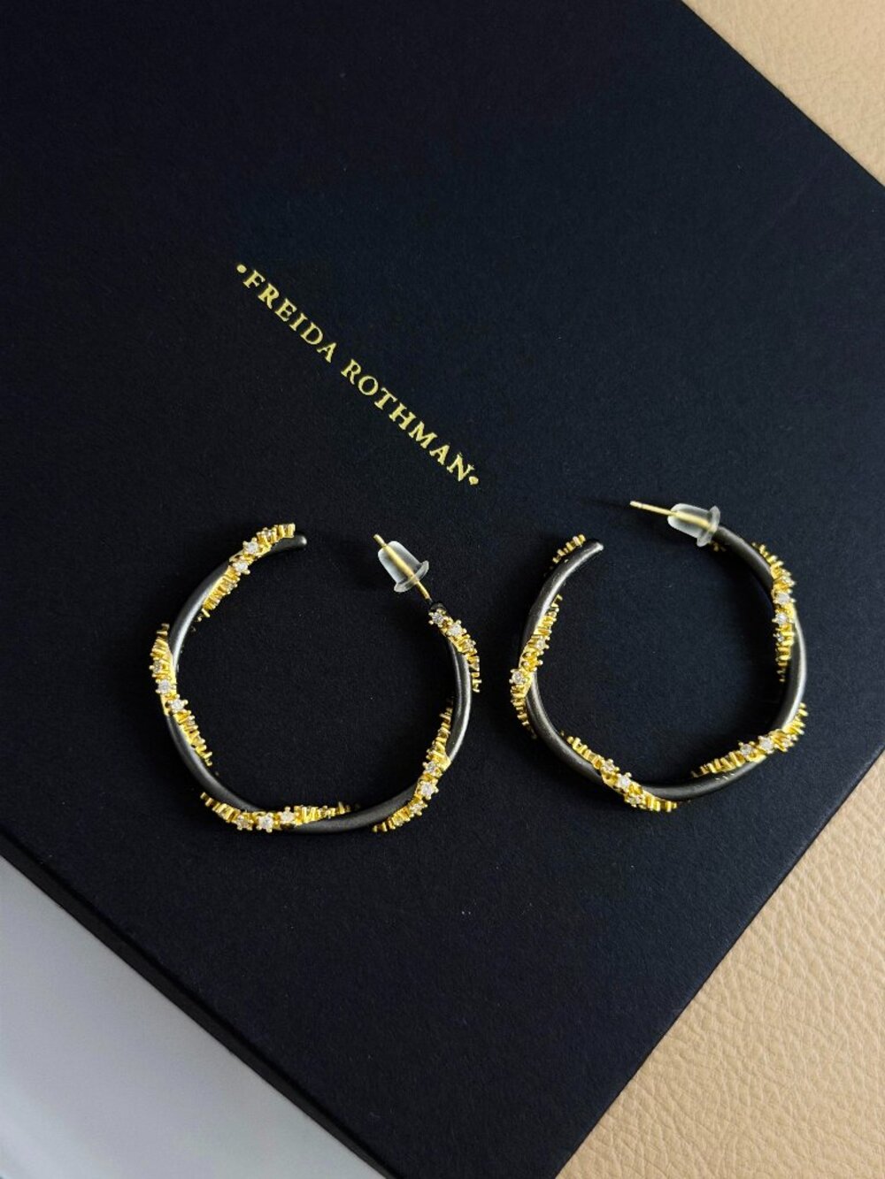 FREIDA ROTHMAN - Black & Gold Pave Roped Hoop Earrings